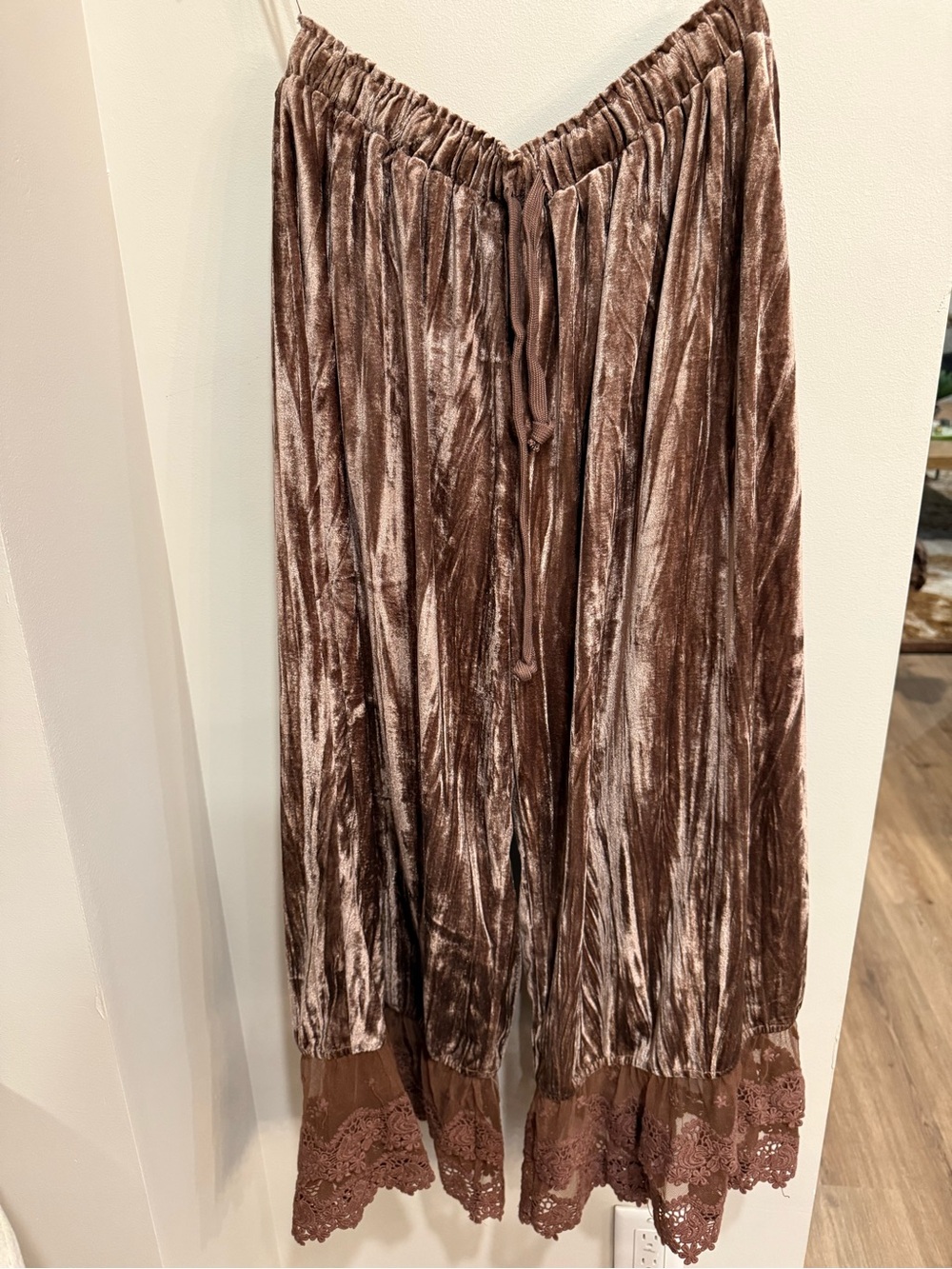 Blue Velvet Lace Hem Wide Leg Pants - Brown - Picture 2 of 6